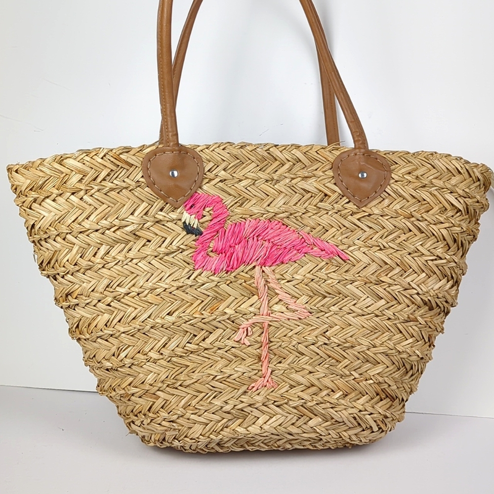 CROWN & IVY Woven Straw Moroccan Pink Flamingo Beach Tote Bag